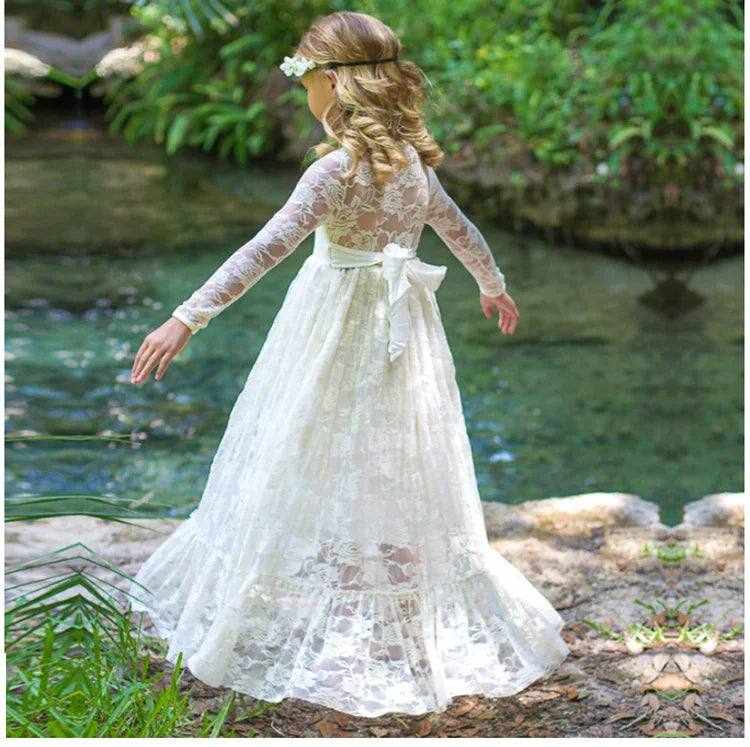Flower Girl Dress: Long Sleeve White & Beige Summer Dress