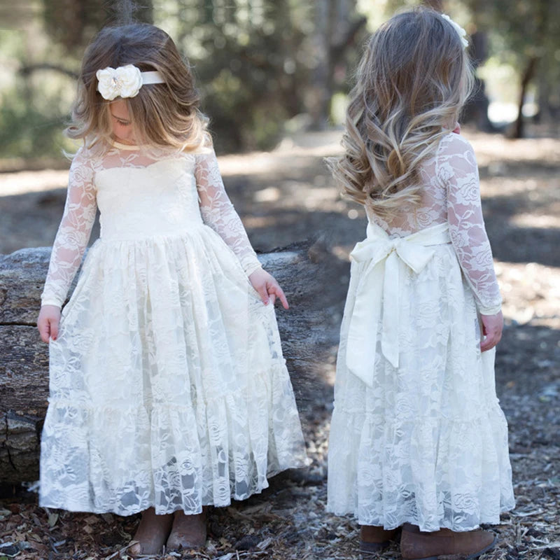 Flower Girl Dress: Long Sleeve White & Beige Summer Dress