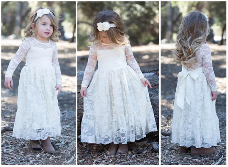 Flower Girl Dress: Long Sleeve White & Beige Summer Dress