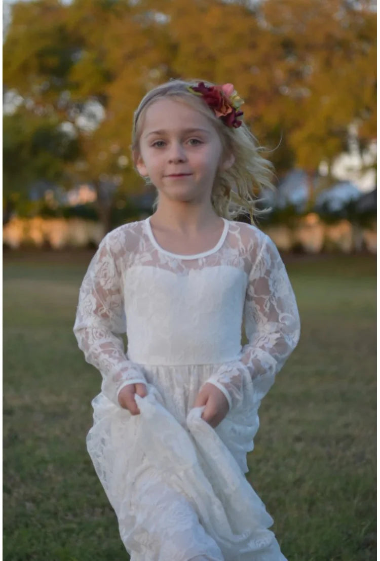 Flower Girl Dress: Long Sleeve White & Beige Summer Dress