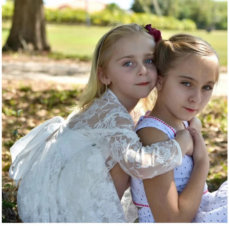 Flower Girl Dress: Long Sleeve White & Beige Summer Dress