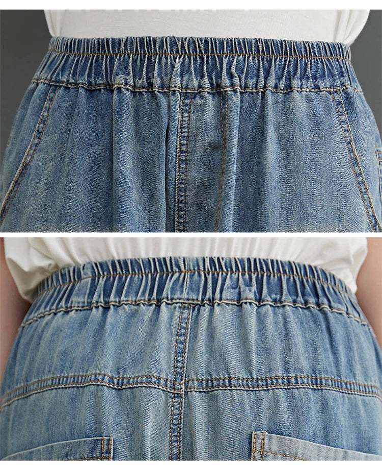 Women's Cartoon Embroidery Denim Pants – Casual High-Waist Harem Style with Pockets and Trendy Distressed Details.