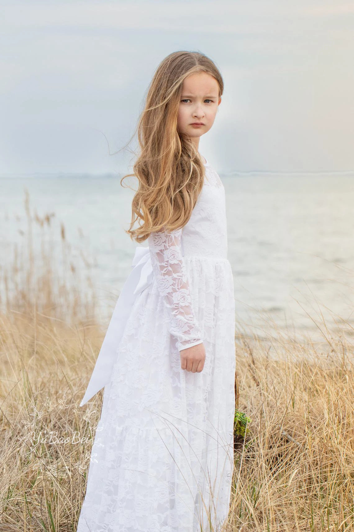 Flower Girl Dress: Long Sleeve White & Beige Summer Dress