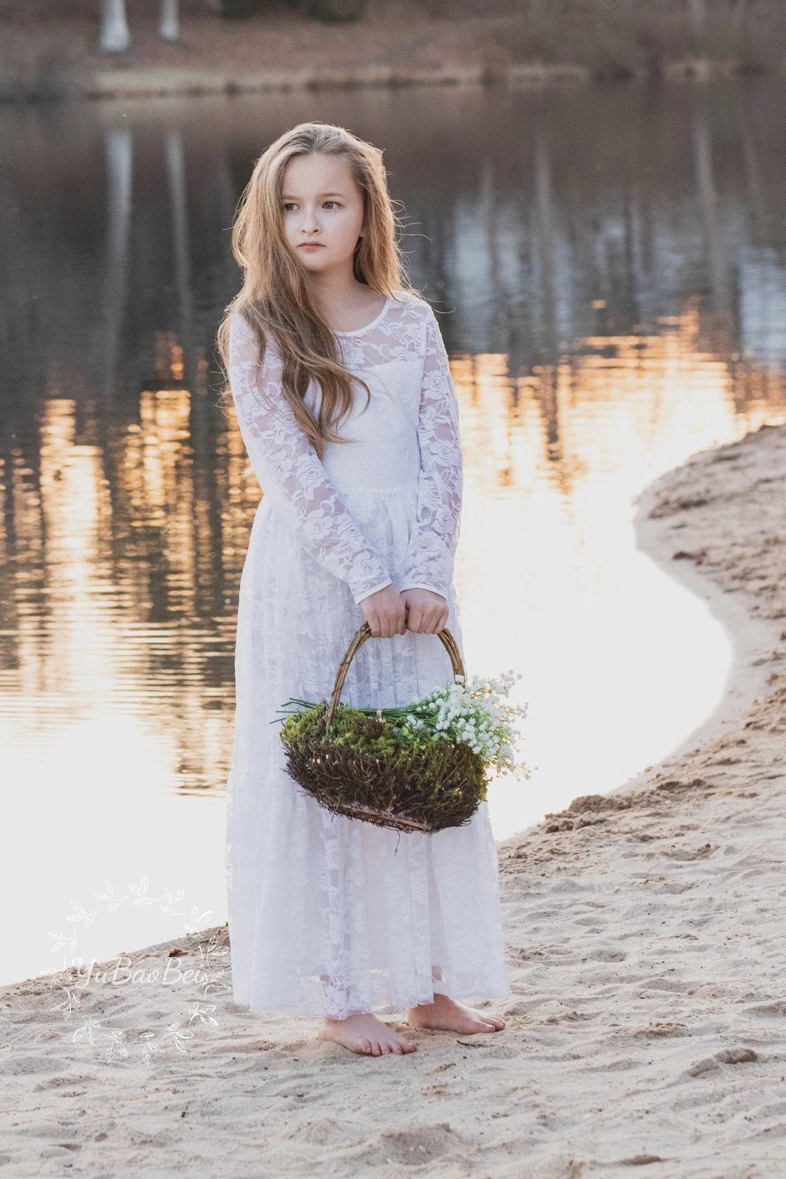 Flower Girl Dress: Long Sleeve White & Beige Summer Dress