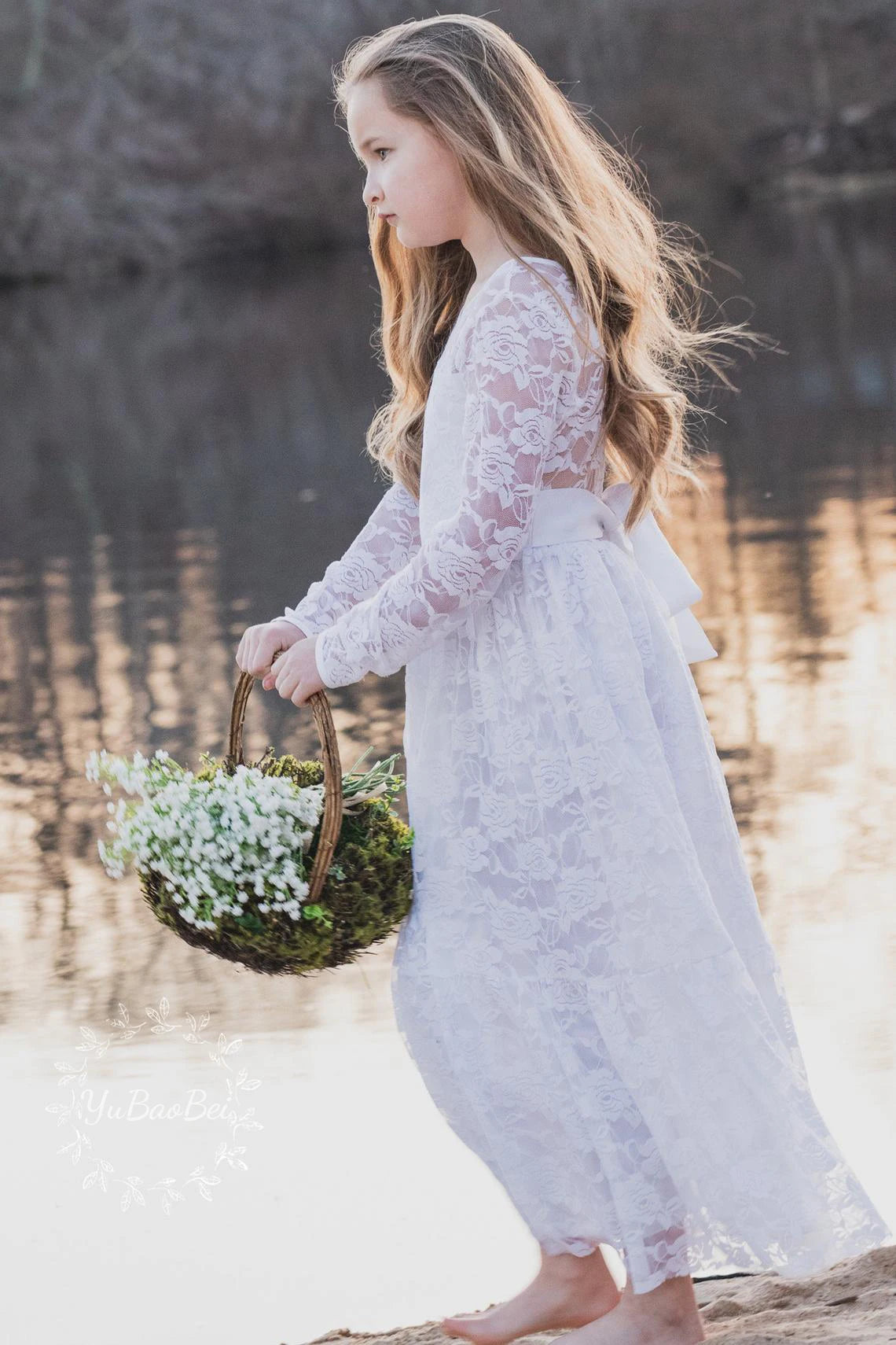 Flower Girl Dress: Long Sleeve White & Beige Summer Dress