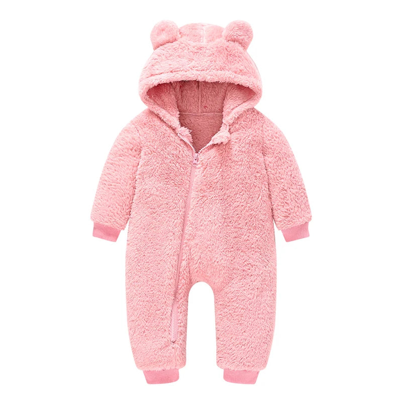 Baby Boy Hooded Plush Romper - Spring Autumn Bear Overall