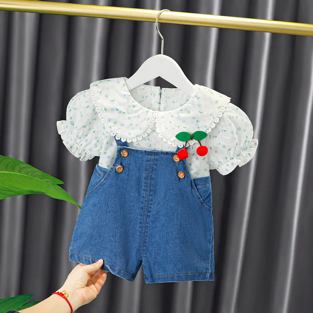 Newborn Baby Girl Summer Floral Shirt & Denim Overalls Set