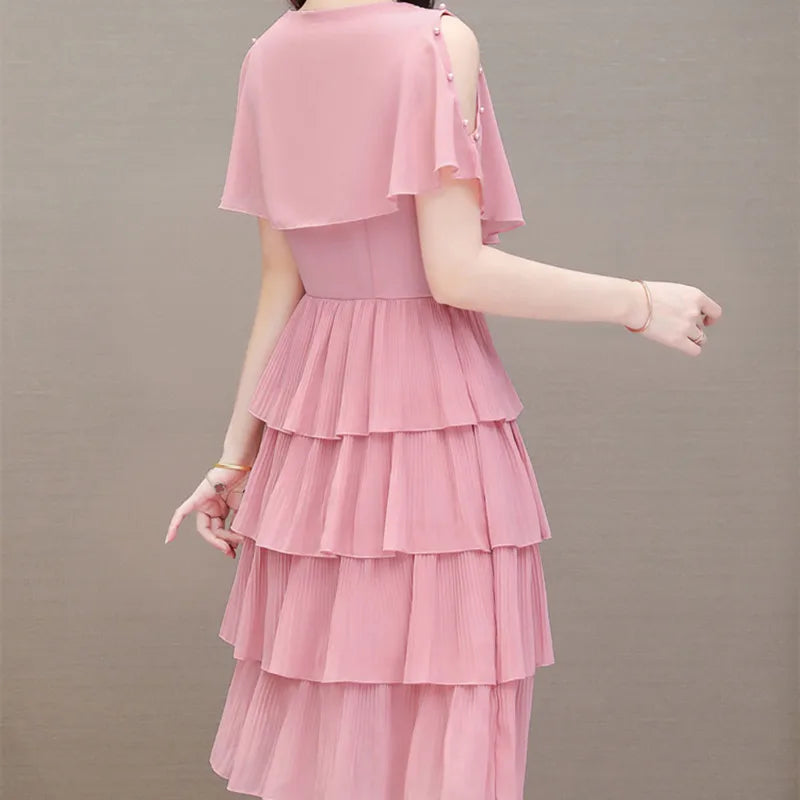 Summer Chiffon O-Neck Beaded Ruffle Beach Party Dress