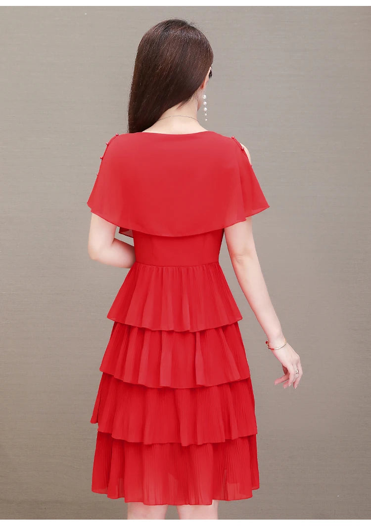 Summer Chiffon O-Neck Beaded Ruffle Beach Party Dress