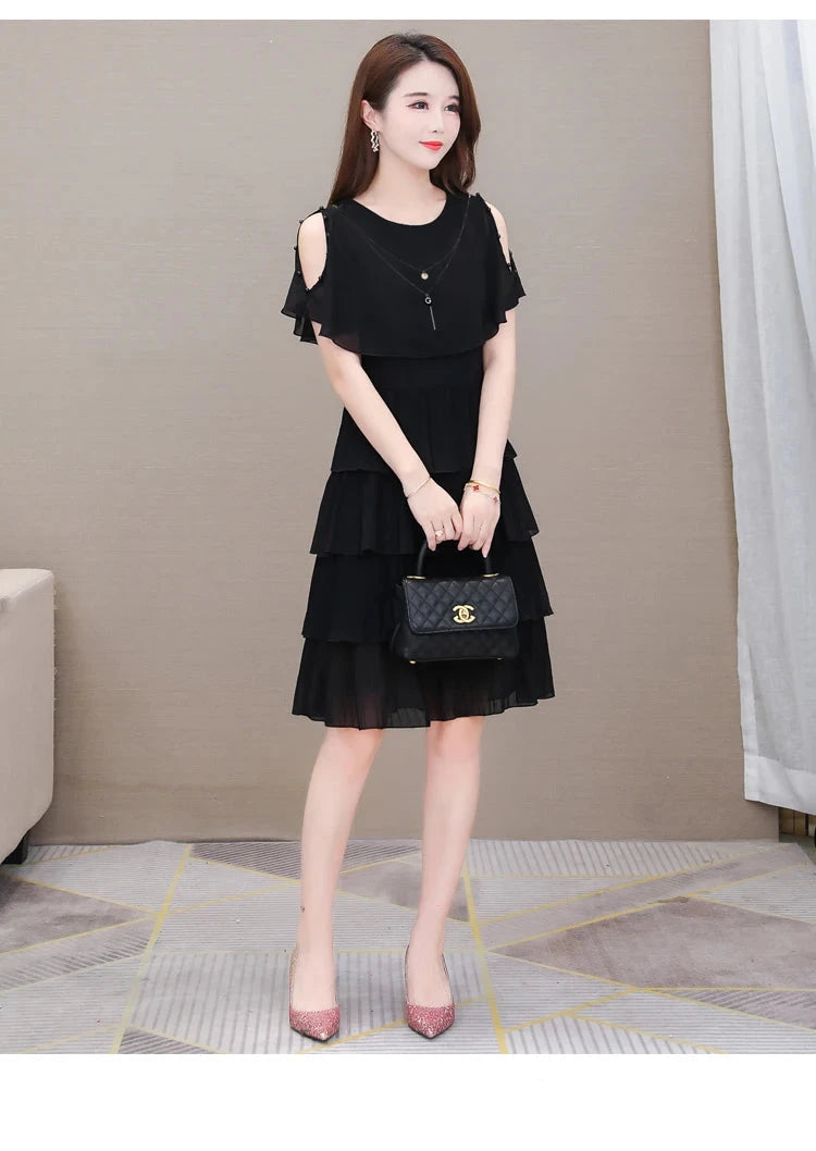 Summer Chiffon O-Neck Beaded Ruffle Beach Party Dress