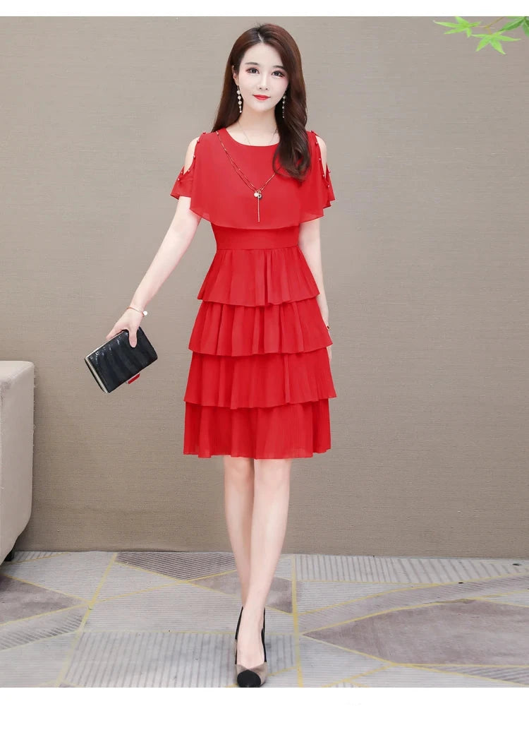 Summer Chiffon O-Neck Beaded Ruffle Beach Party Dress
