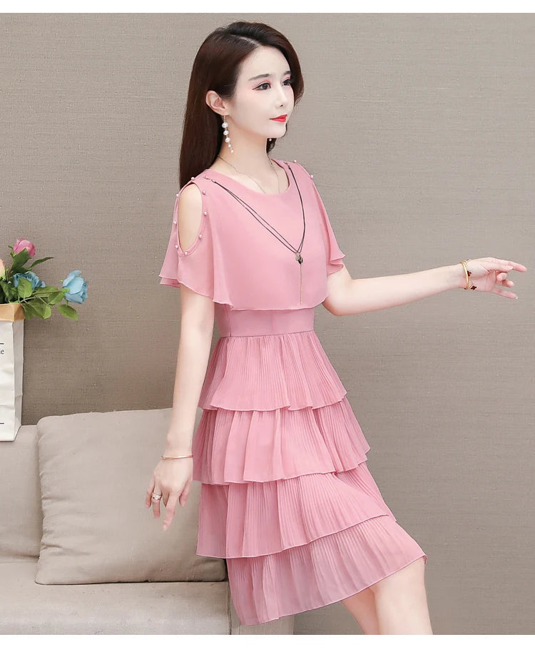 Summer Chiffon O-Neck Beaded Ruffle Beach Party Dress