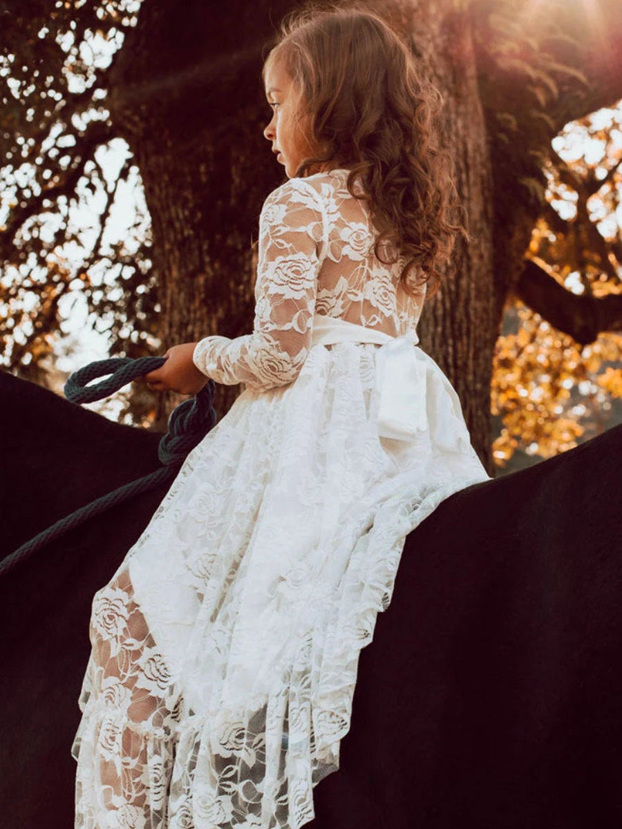 Flower Girl Dress: Long Sleeve White & Beige Summer Dress