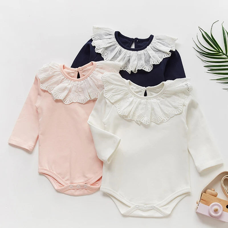 Baby Girl Lace Romper - Long Sleeve 100% Cotton Jumpsuit