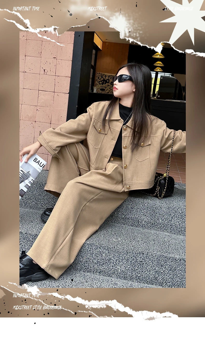 Autumn Girls' 2-Piece Set: Short Jacket & Wide Leg Pants for School