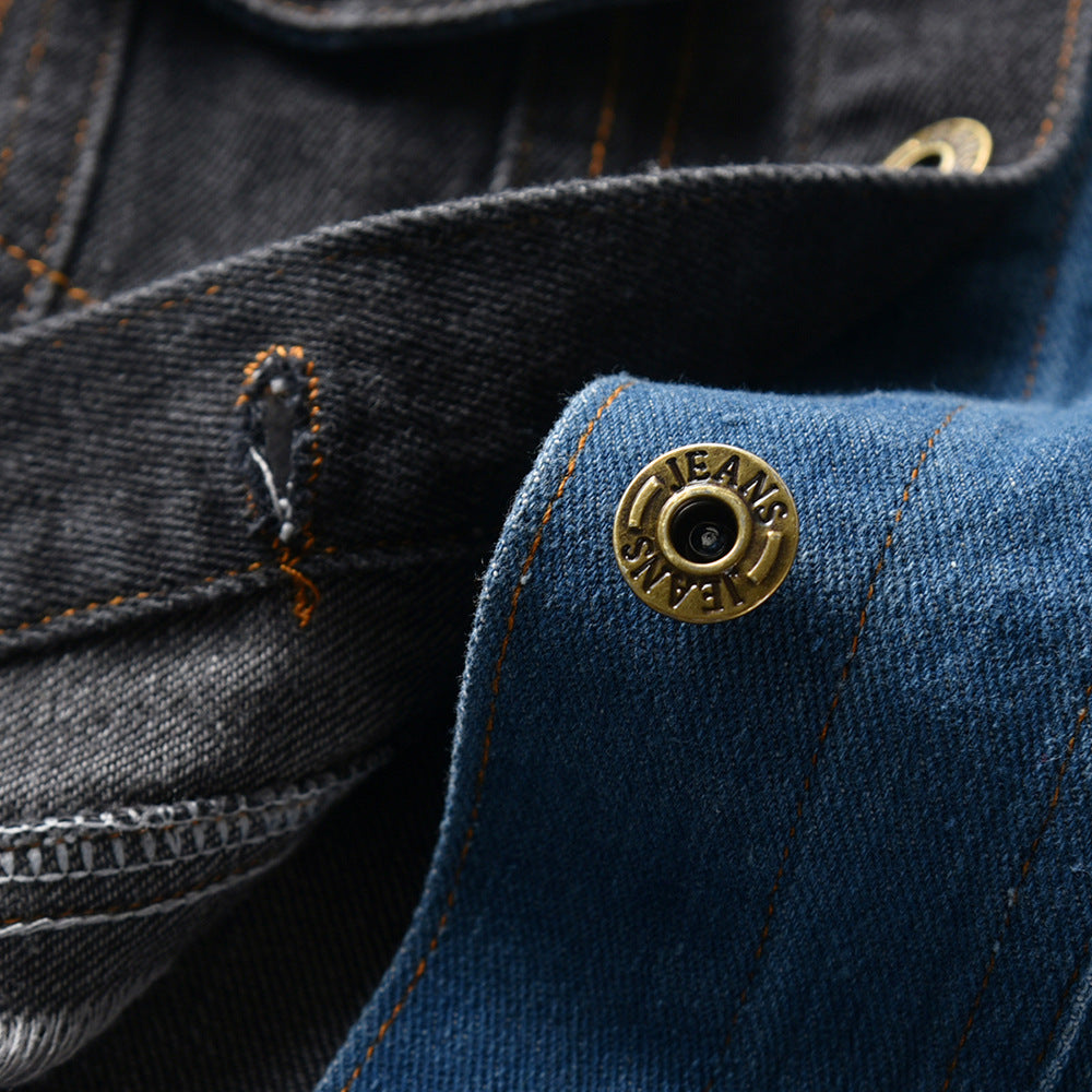 Children Boys' Casual Denim Jacket – Black & Blue Spliced, Turn-Down Collar