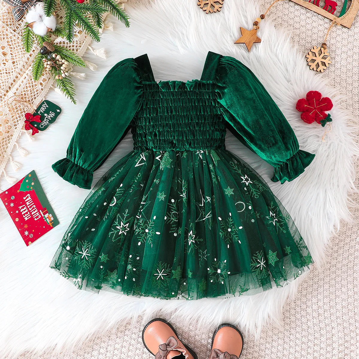 New Autumn/Winter Christmas Dress – Bubble Sleeve Splicing Mesh Dress for Girls