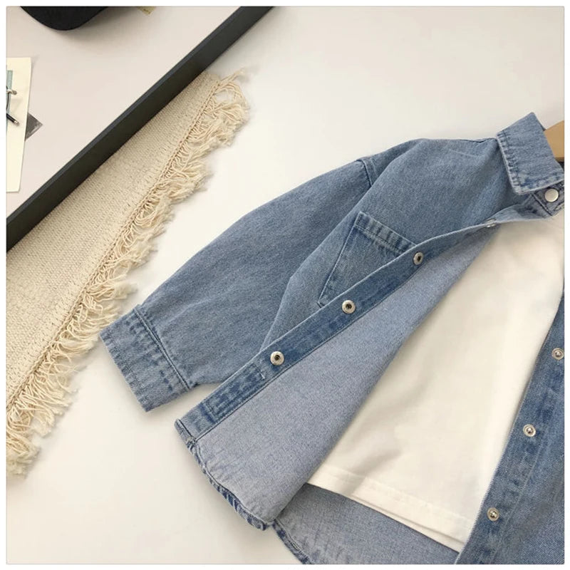 Boys' Denim Shirt – Long Sleeve Turn-Down Collar, Loose Casual Fit for Spring & Autumn