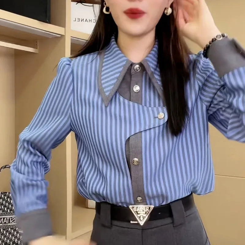 Spring Women's Retro Striped Blouse – Lapel, Asymmetric Spliced Long Sleeve Shirt