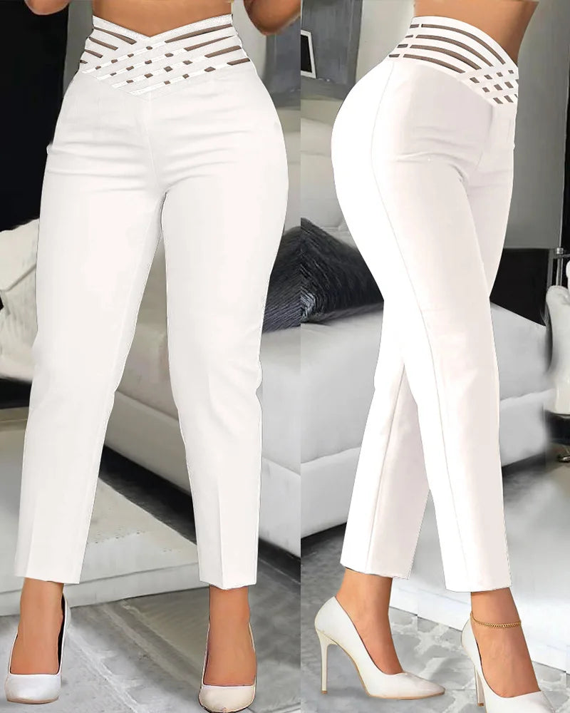 Summer Loose Fit Women's Work Pants - Hollow Out Overlap Waist Spliced Capris