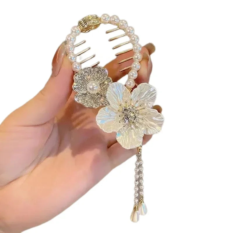 Elegant Women’s Hair Claw with Pearl & Rhinestone Tassels - Ponytail Buckle Hair Clip