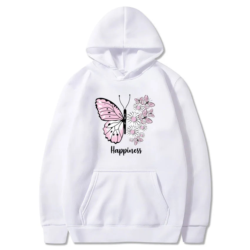 Women's Butterfly Print Hooded Pullover Sweatshirt - Casual, Black, XS-4XL