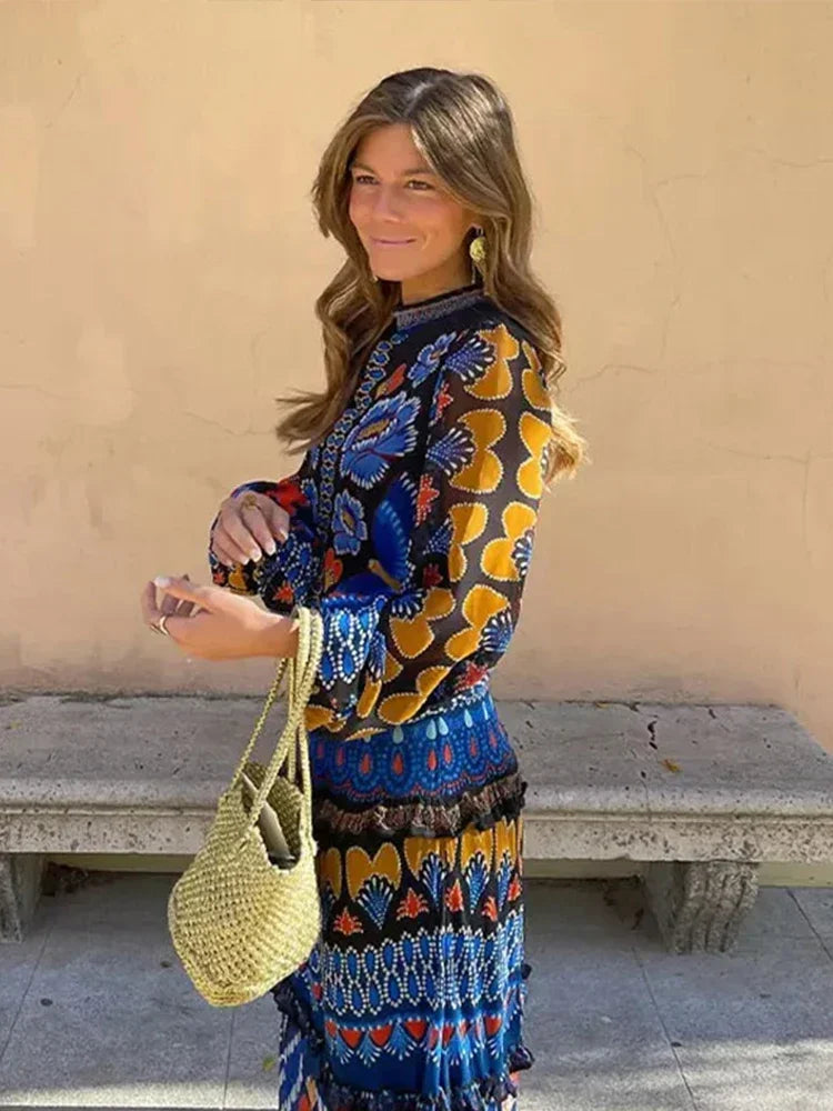 Vintage Print Dress – Elegant, Long Sleeve, Soft, Casual Loose Party Wear for Women