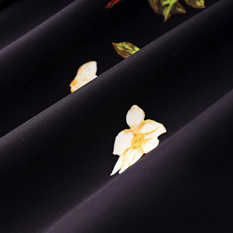 Women's Black Floral Print A-Line Dress - Autumn 2024 Elegant Chiffon Long Sleeve