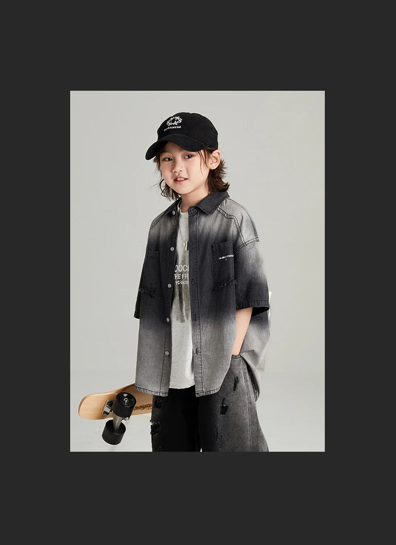 Fashion Boys' Cotton Gradient Gray Short Sleeve Shirt - Summer All-Match Tops (4-16Y)
