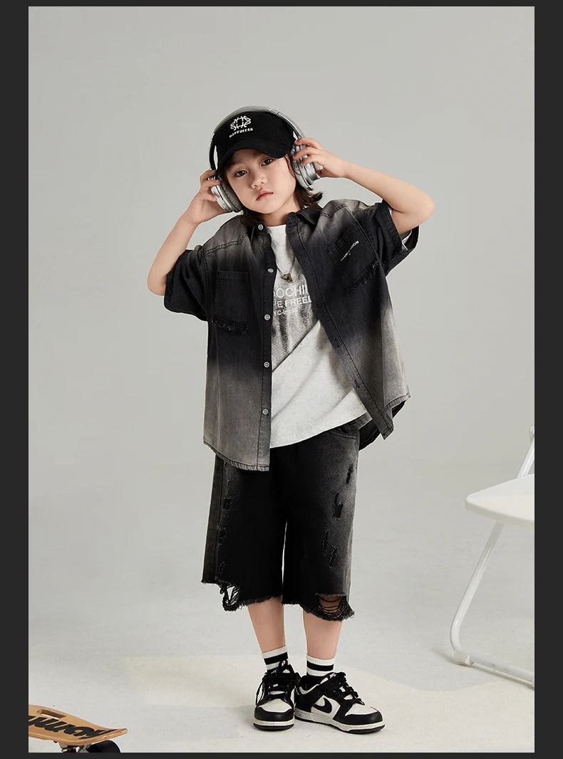 Fashion Boys' Cotton Gradient Gray Short Sleeve Shirt - Summer All-Match Tops (4-16Y)