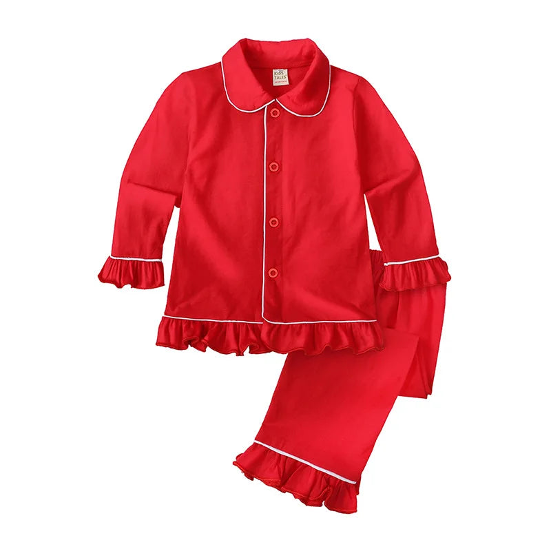 Christmas Pajamas for Kids – Soft Cotton Ruffle Red Pyjamas, Button-Up, Long Sleeve Sleepwear