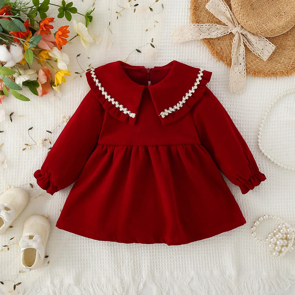 Baby Girl Long Sleeve Dress - Autumn Red Cotton Dress
