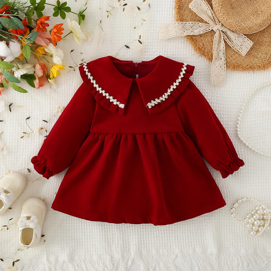 Baby Girl Long Sleeve Dress - Autumn Red Cotton Dress
