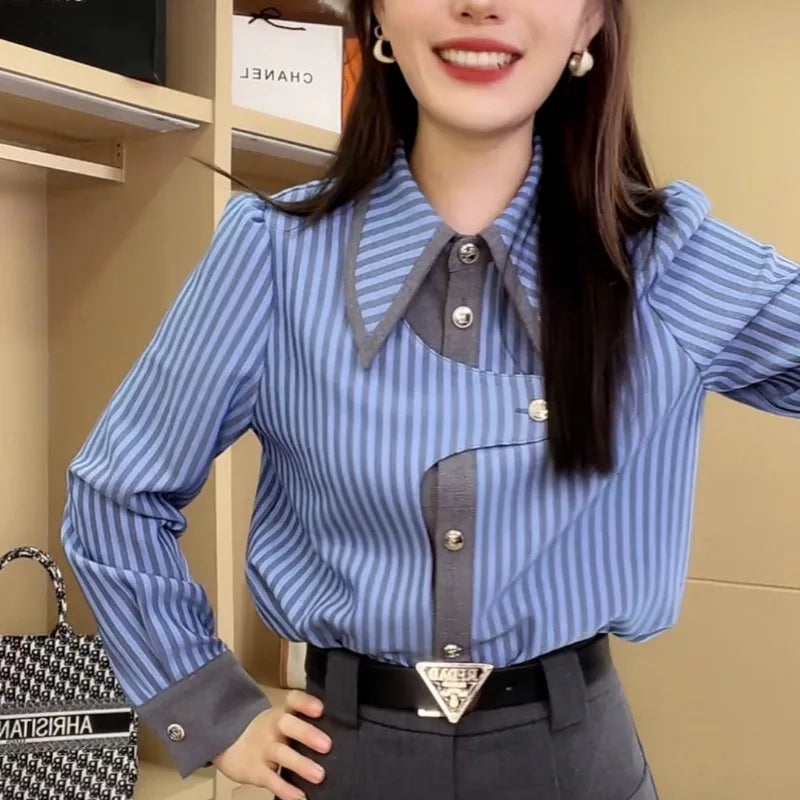 Spring Women's Retro Striped Blouse – Lapel, Asymmetric Spliced Long Sleeve Shirt
