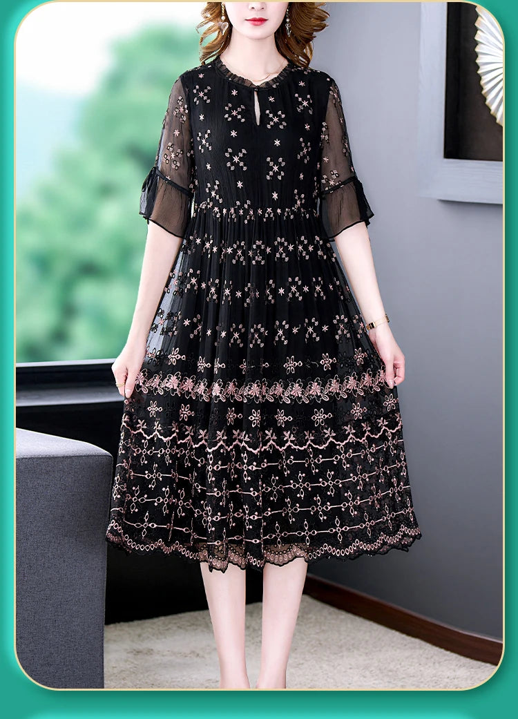 Black Embroidered Mulberry Silk Midi Dress – Hollow Out, Light, Elegant, Vintage Korean Style