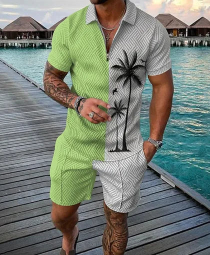 Men's 3D Print Summer Tracksuit - Short Sleeve Polo Jogging Set