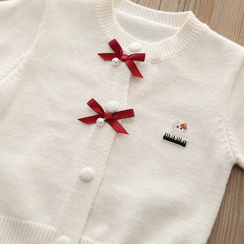 Autumn/Winter Baby Girl 2PCS Sweater Set - Knit Bow Coat & Plaid Skirt