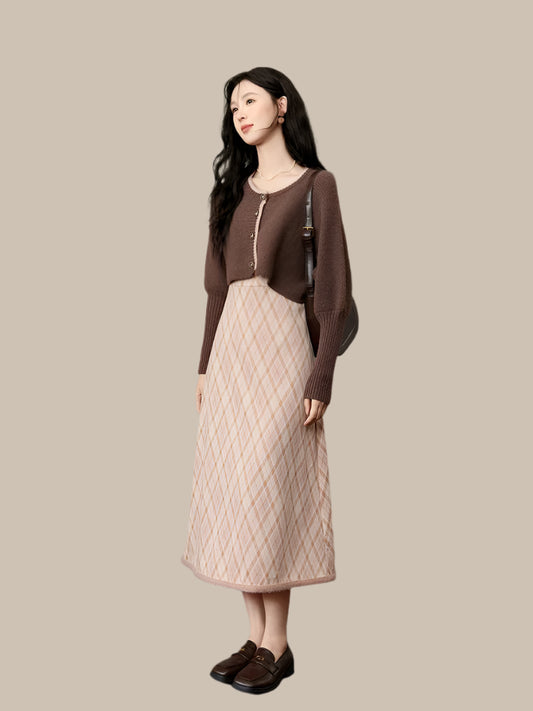 French Vintage Plaid Dress & Knit Cardigan Set for Women