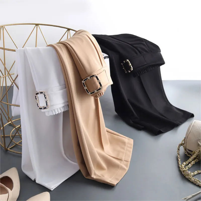 Khaki High-Waist Ice Silk Wide-Leg Trousers - Summer Design, Elegant Elastic Waist Baggy Pants for Women