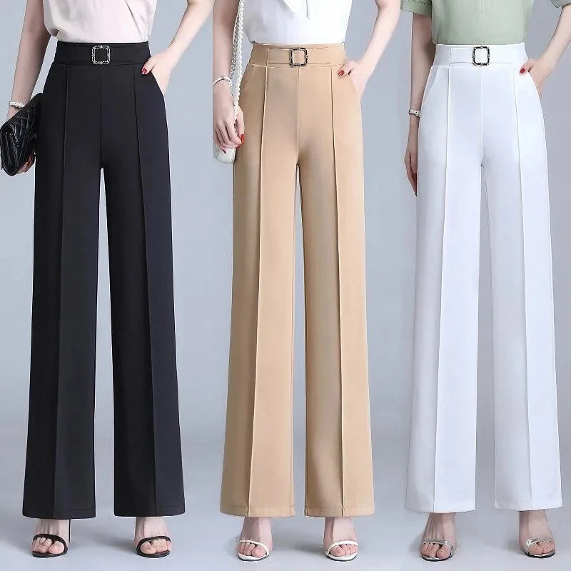 Khaki High-Waist Ice Silk Wide-Leg Trousers - Summer Design, Elegant Elastic Waist Baggy Pants for Women