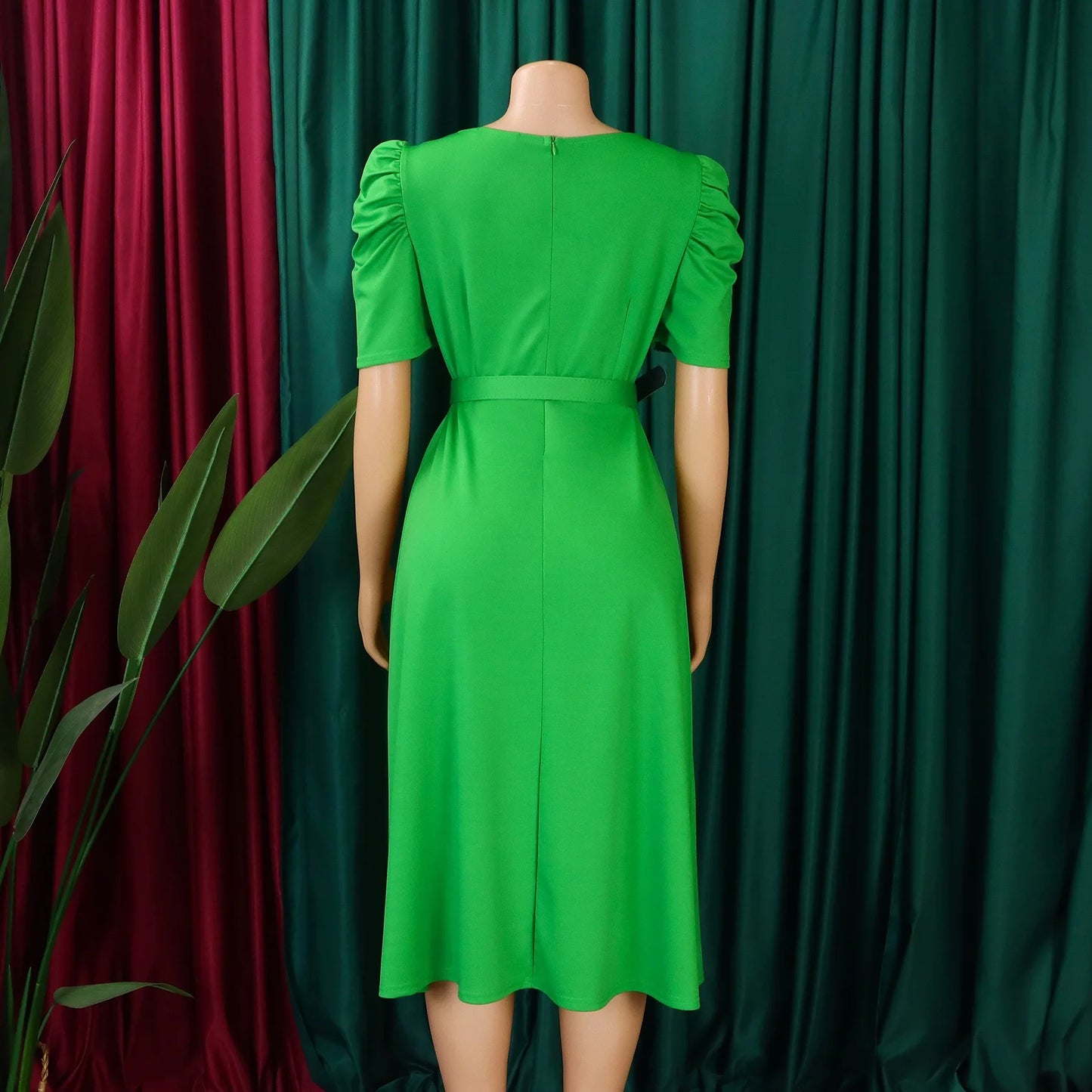 Elegant V-Neck Pleated Party Dress – Short Sleeve, Belted, Mid-Calf, Luxury for Women