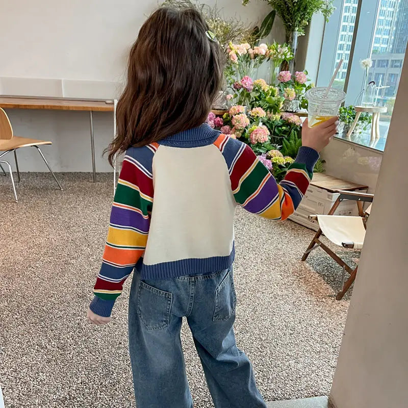 Korean Girls' Cardigan: Patchwork Long Sleeve Sweater (Autumn/Winter)