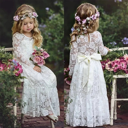 Flower Girl Dress: Long Sleeve White & Beige Summer Dress