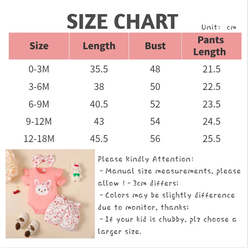 3-Piece Baby Girl Outfit: Rabbit Bodysuit, Shorts & Headband