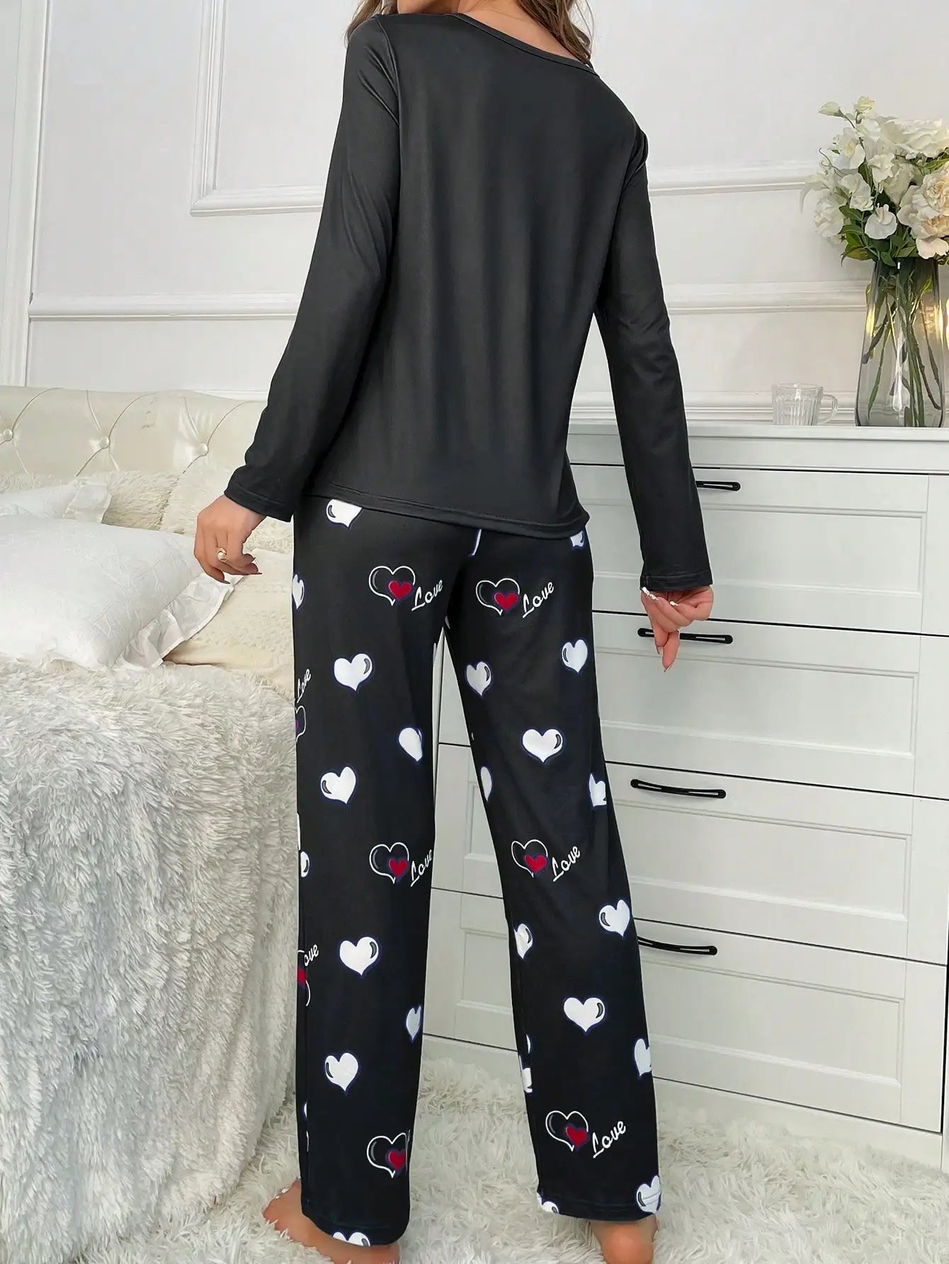 Autumn Winter Heart Print Pajamas for Women - Milk Silk Sleepwear