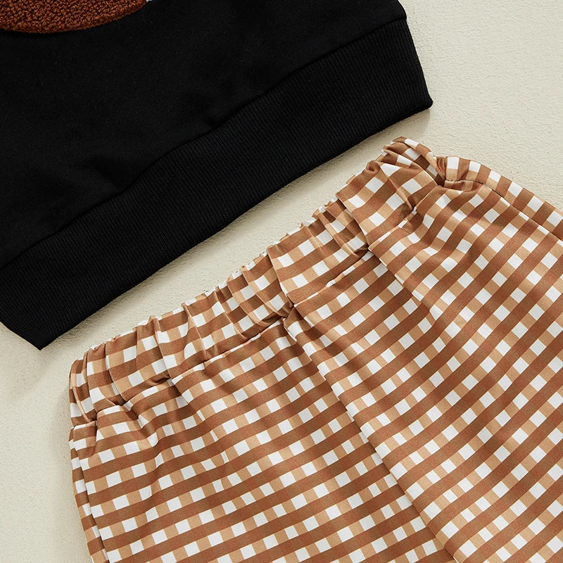 Boy Fall Pants Set Football Embroidered Long Sleeve Round Neck Sweatshirt Plaid Long Pants Outfits