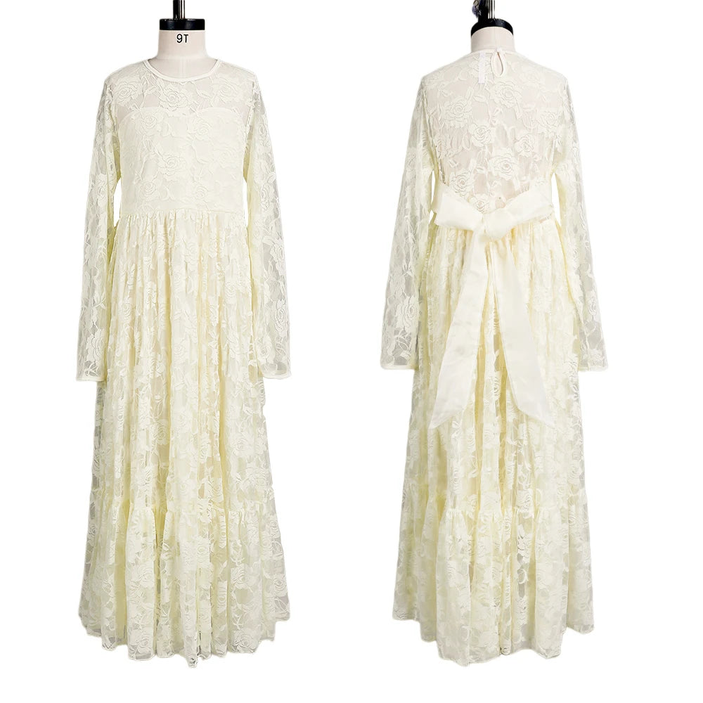 Flower Girl Dress: Long Sleeve White & Beige Summer Dress