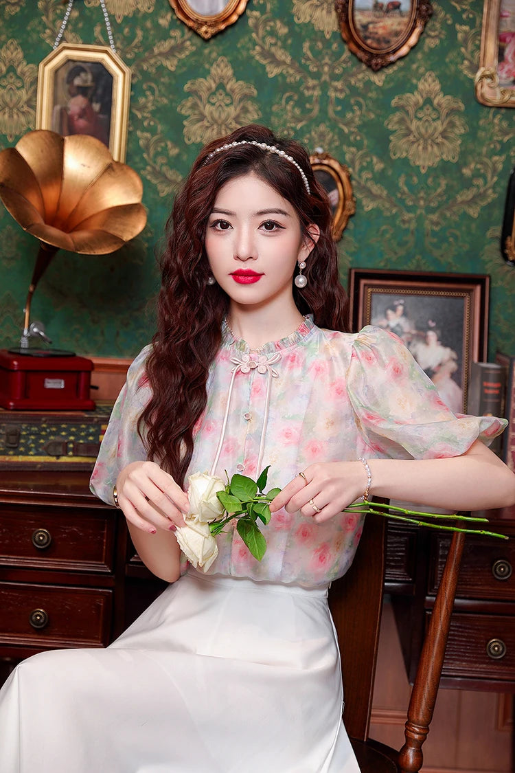 Printed Short Sleeve Blouses – Vintage Chiffon Casual Work Top, Loose and Elegant