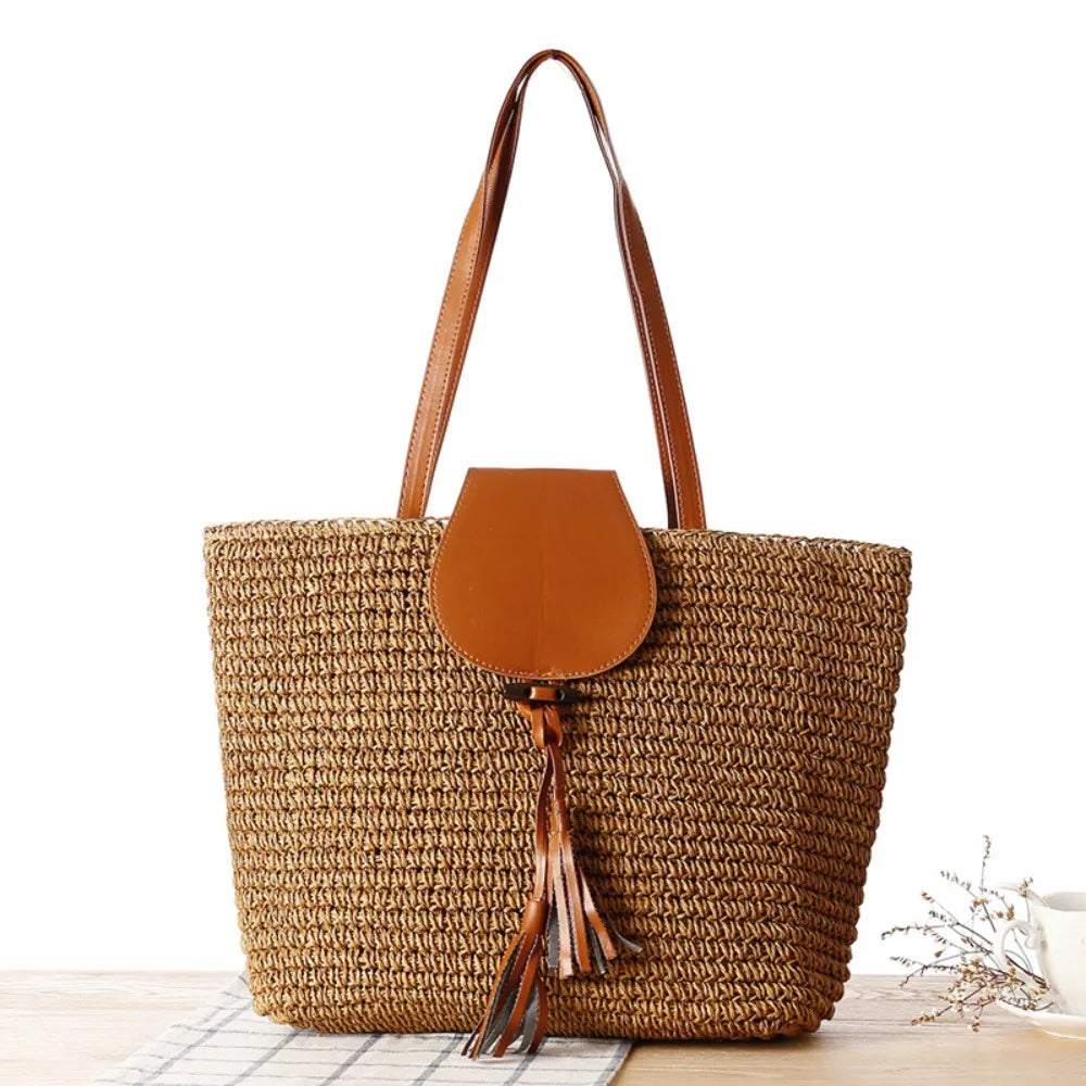 Summer Straw Woven Beach Bag Rattan Ladies Purses Handbag Wrist Pack Women Handle Female Bucket Tote Bags Knit Travel Bags