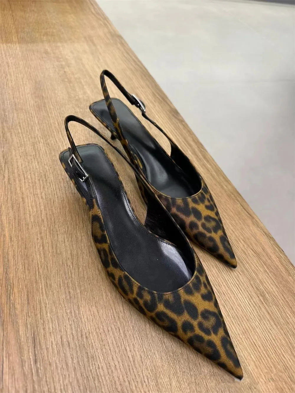 FEDONAS Women’s Leopard Kitten Heel Slingback Sandals – Genuine Leather Party Pumps